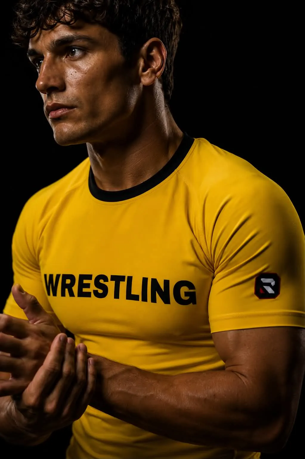 Zawodnik w żółtej koszulce wrestlingowej na ciemnym tle